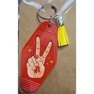 Peace Sign Red & Yellow Tassel Vintage Hotel Motel Keychain Key Chain Handmade
